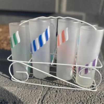 Vintage retro satin Libbey glasses and caddy