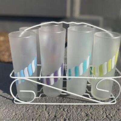 Vintage retro satin Libbey glasses and caddy