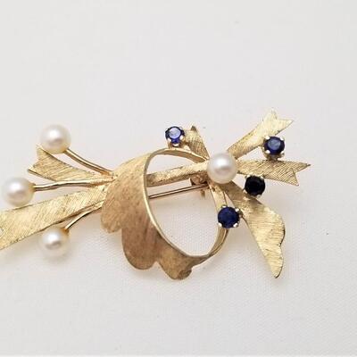 Lot #110  Beautiful 14kt Gold, Sapphire and Pearl Brooch