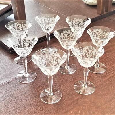 Lot #138  Set of 8 Acid Etched Crystal Wine Glasses