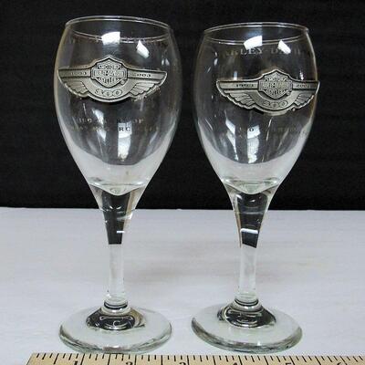 2 Older Harley Davidson Tall Wine Glasses, Pewter Medallion, 100 Years 1903-2003