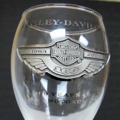 2 Older Harley Davidson Tall Wine Glasses, Pewter Medallion, 100 Years 1903-2003