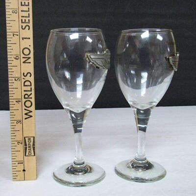 2 Older Harley Davidson Tall Wine Glasses, Pewter Medallion, 100 Years 1903-2003