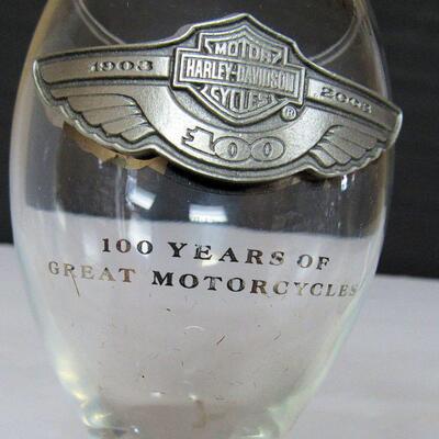 2 Older Harley Davidson Tall Wine Glasses, Pewter Medallion, 100 Years 1903-2003