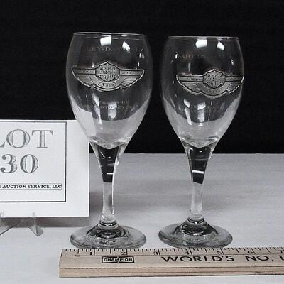 2 Older Harley Davidson Tall Wine Glasses, Pewter Medallion, 100 Years 1903-2003