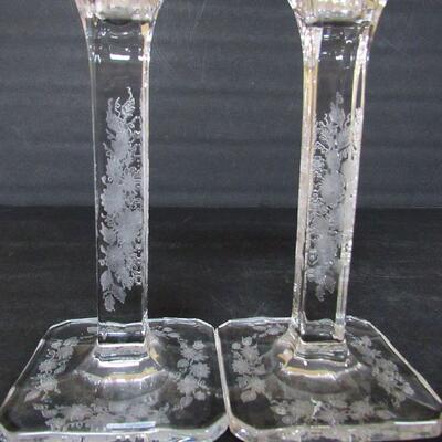 Vintage Pair Etched Glass Tall Candlesticks