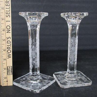 Vintage Pair Etched Glass Tall Candlesticks