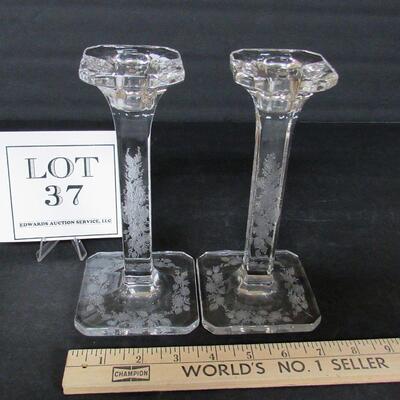 Vintage Pair Etched Glass Tall Candlesticks
