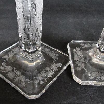 Vintage Pair Etched Glass Tall Candlesticks