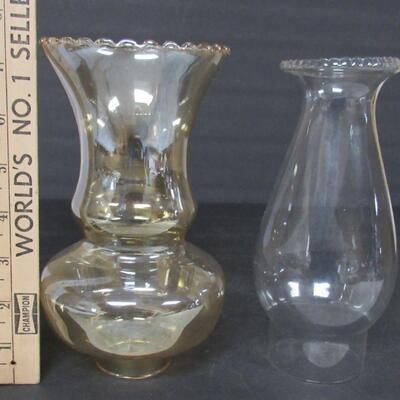 2 Glass Chimneys, One Iridized Light Amber, One Clear