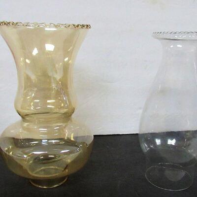 2 Glass Chimneys, One Iridized Light Amber, One Clear