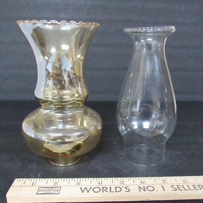 2 Glass Chimneys, One Iridized Light Amber, One Clear