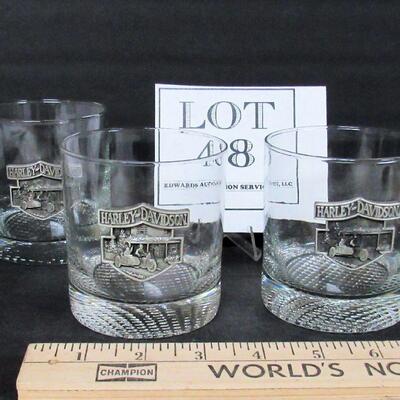 3 Harley Davidson On The Rocks Bar Glasses, Glass With Pewter Emblem