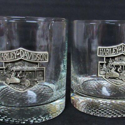 3 Harley Davidson On The Rocks Bar Glasses, Glass With Pewter Emblem