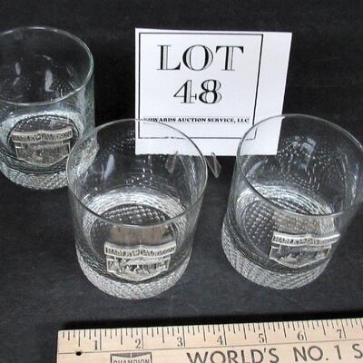 3 Harley Davidson On The Rocks Bar Glasses, Glass With Pewter Emblem