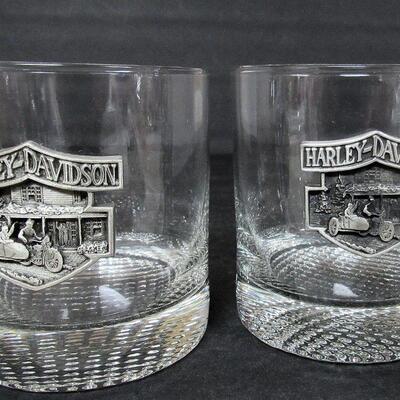 3 Harley Davidson On The Rocks Bar Glasses, Glass With Pewter Emblem