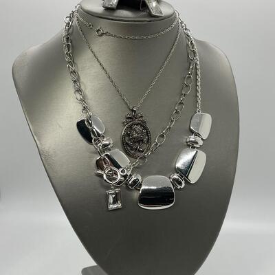 LOT 22: Silvertone Jewelry Lot -3 Necklaces and Earrings