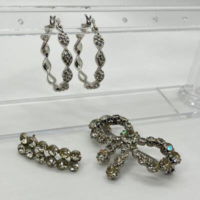 LOT 34: Rhinestone Crystal Hoop Earrings and Matching Bar and Bow Pins