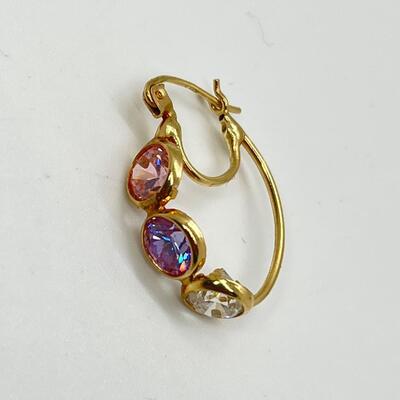 LOT 57: 14K Pierced Hoop Earrings with Three Circular Gemstones -  3.5g