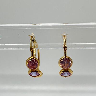 LOT 57: 14K Pierced Hoop Earrings with Three Circular Gemstones -  3.5g