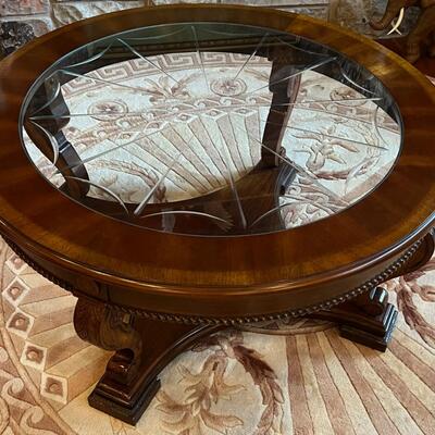 Round Glass & Mahogany Coffee Table