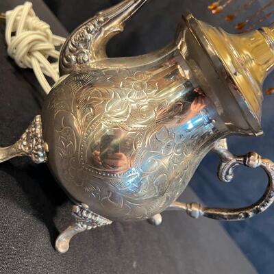 Silver Tea Pot Lamp with Beaded Shade