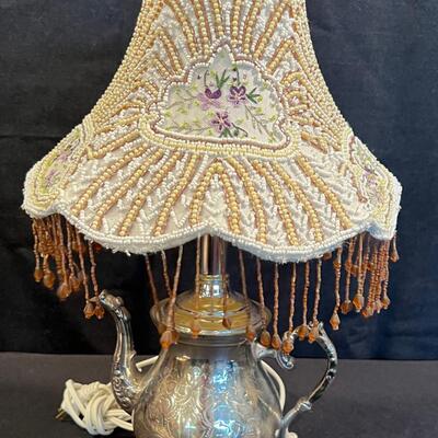 Silver Tea Pot Lamp with Beaded Shade