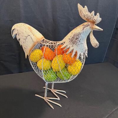 Wire Basket Rooster, full of Faux Citrus Fruit 