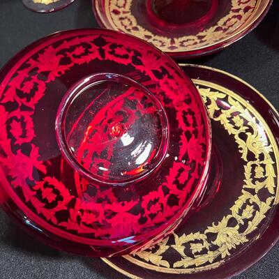 Lovely Set of Vintage Red Glass with Gold Trim Dessert Set