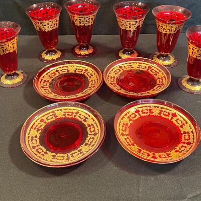 Lovely Set of Vintage Red Glass with Gold Trim Dessert Set