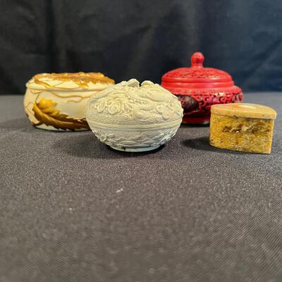 Porcelain Carved Cinnabar (4) Small Lidded Boxes