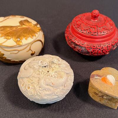 Porcelain Carved Cinnabar (4) Small Lidded Boxes