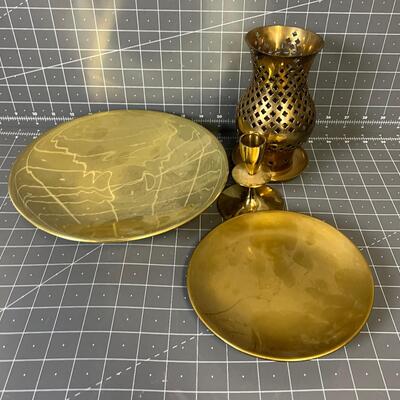 Mixed Lot of Brass Items Candle Holder and Dish