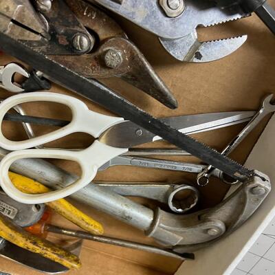Tray of Hand Tools: Wrench, Tinsnips, Saw