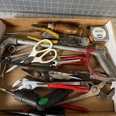Tray of Hand Tools: Wrench, Tinsnips, Saw