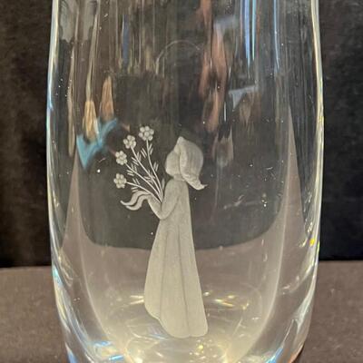 Orrefors Vase, Crystal etched of girl and bouquet