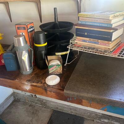 G8 small funnels 9 of them, 4 thermos containers, organizer, books, other misc