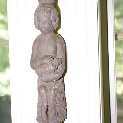 ARCHITECTURAL CLAY PIECE OF CHILD W/ FRUIT BASKET AND HOLDING AN ANIMAL