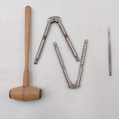VINTAGE WOOD NUT CRACKING BOWL W/ TOOLS