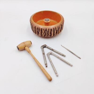 VINTAGE WOOD NUT CRACKING BOWL W/ TOOLS