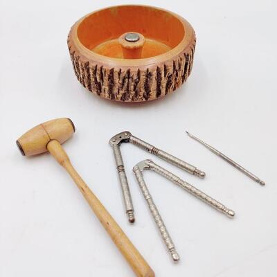 VINTAGE WOOD NUT CRACKING BOWL W/ TOOLS