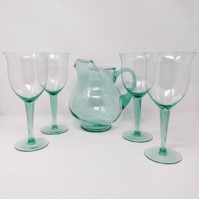 VINTAGE CRISA GLASS PITCHER W/ 4 LARGE GOBLETS