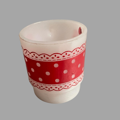 Vintage Fire King Anchor Hocking White Milk Glass Red Polka Dot Lace Mug
