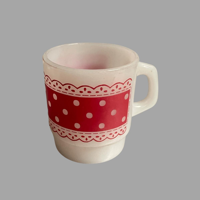 Vintage Fire King Anchor Hocking White Milk Glass Red Polka Dot Lace Mug