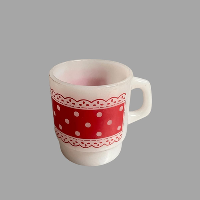 Vintage Fire King Anchor Hocking White Milk Glass Red Polka Dot Lace Mug