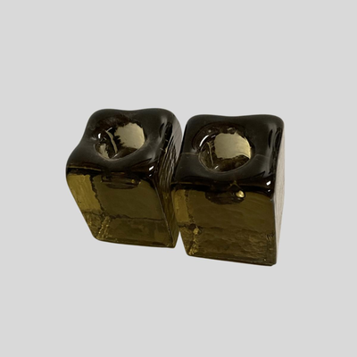 Two Vintage Green Glass Candle Holders