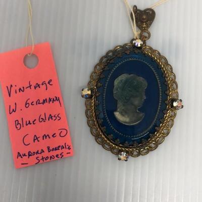 West German Blue Glass Cameo Pendant
