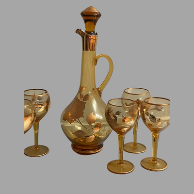 Vintage Gold Decanter Set with 5 Glasses