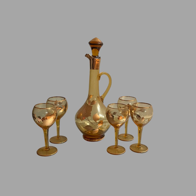 Vintage Gold Decanter Set with 5 Glasses