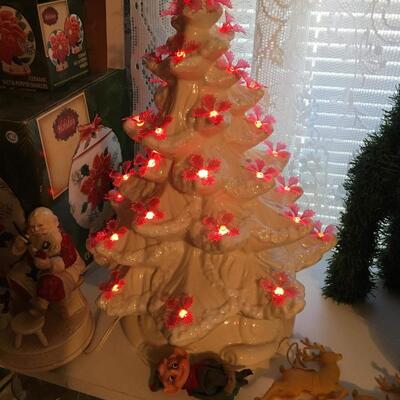 Vintage White Ceramic Christmas Tree with Poinsettia's